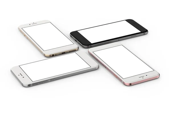 Four smartphones gold, rose, silver and black with blank screen. — Stock Photo, Image