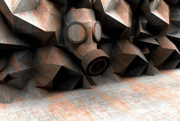 Concrete interior and gas mask, polygonal wall background.