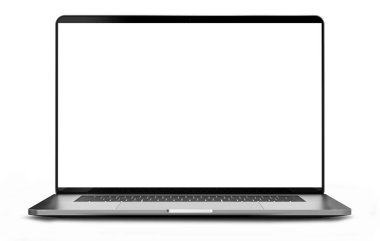 Boş ekranlı laptop beyaz arkaplanda izole edildi.