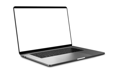 Boş ekranlı laptop beyaz arkaplanda izole edildi.