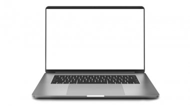 Boş ekranlı laptop beyaz arkaplanda izole edildi.