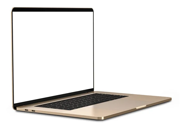 Laptop with blank screen isolated on white background, gold aluminium body.Whole  in focus. High detailed. — Stock Photo, Image