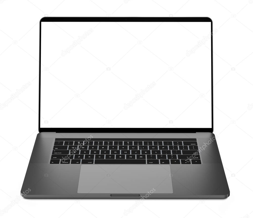 Laptop with blank screen isolated on white background, black aluminium body.Whole  in focus. High detailed.