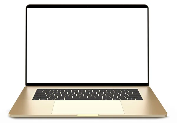 Laptop with blank screen isolated on white background, gold aluminium body.Whole  in focus. High detailed. — Stock Photo, Image