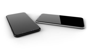 Beyaz arka plan üzerinde izole boş ekran ile siyah ve gümüş akıllı telefonlar.