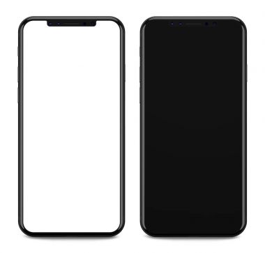 Beyaz arka plan üzerinde izole boş ekran ile siyah akıllı telefonlar.