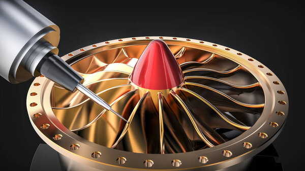 Milling brass turbine in five axis CNC machine. 3d illustration.