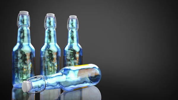 Neon beer bottles side by side against a dark background. — Stock Photo, Image