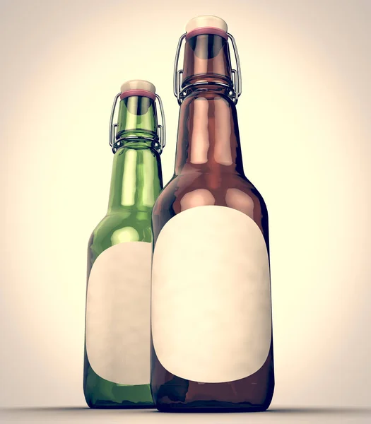 Bierfles met lege label naast elkaar. — Stockfoto