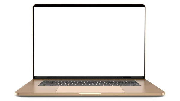 Gouden laptop met leeg scherm geïsoleerd op witte achtergrond, witte aluminium behuizing. Geheel in focus. — Stockfoto