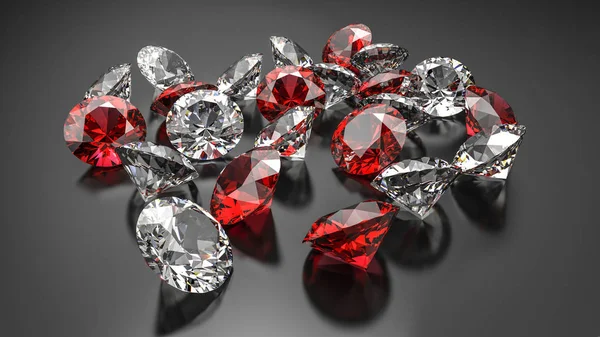 Gyémánt és rubin, a fekete háttér. 3D-s illusztráció. — Stock Fotó