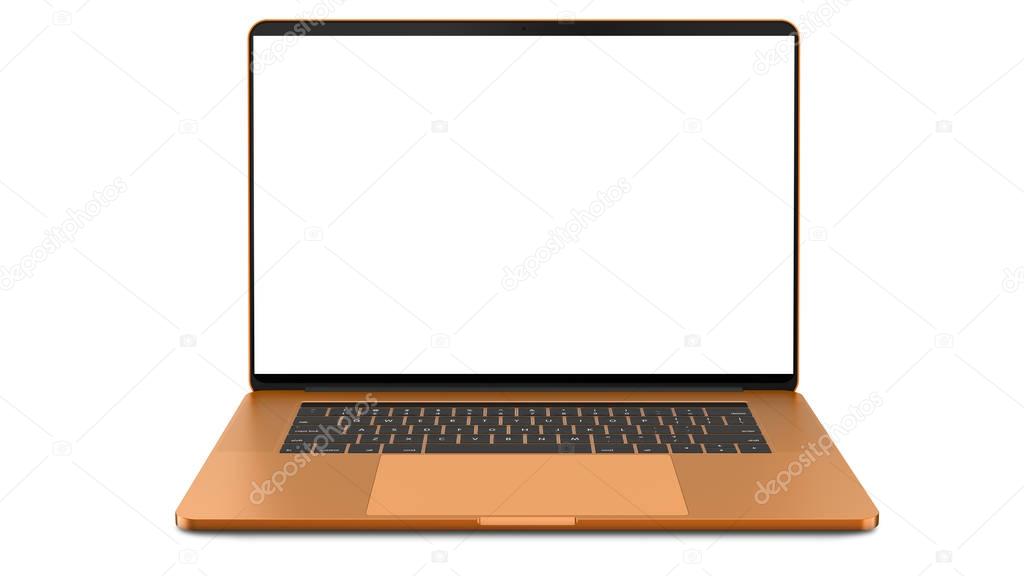 Orange laptop with blank screen isolated on white background. Whole in focus. High detailed.