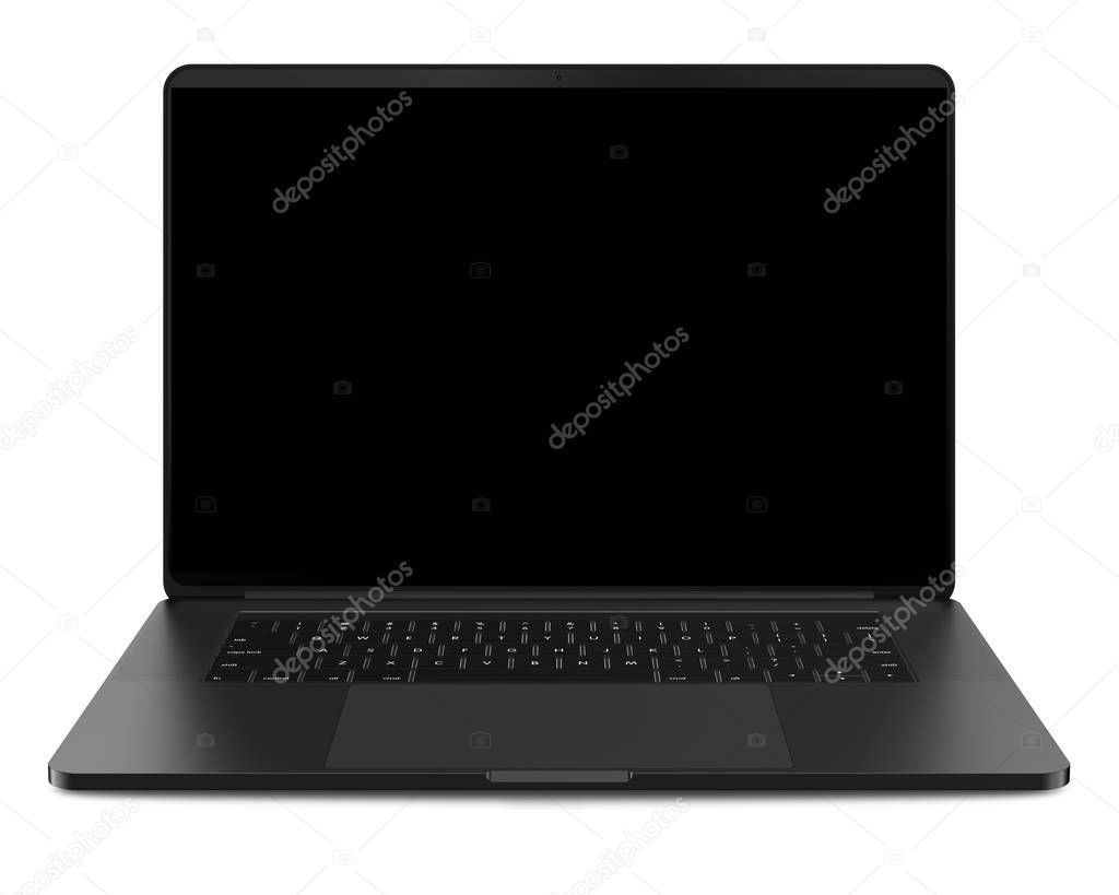 Laptop with blank screen isolated on white background, black aluminium body. Whole  in focus. High detailed. 