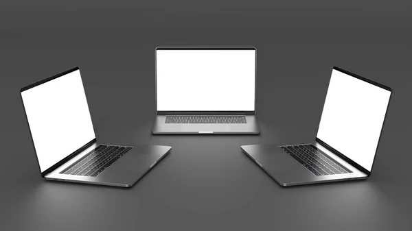 Conjunto Laptops Modelos Fundo Escuro Modelo Modelo Design — Fotografia de Stock