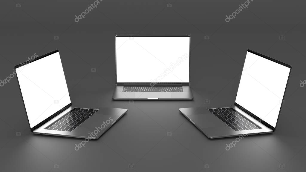 Set of laptops, templates on a dark background. Template, mockup, design.