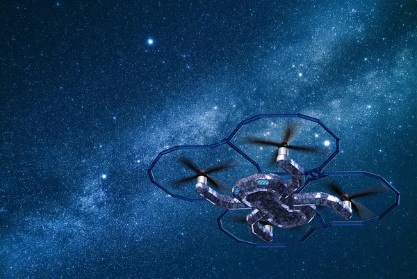 Spy drones flying at night with a 4k night vision camera on the night sky