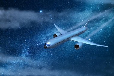 Uçak gece gökyüzünde uçuyor. Şablon, model, tasarım
