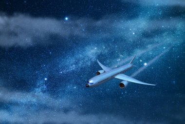 Uçak gece gökyüzünde uçuyor. Şablon, model, tasarım