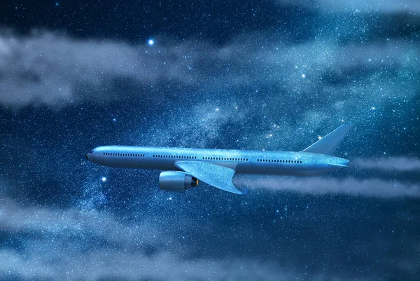 Αεροπλάνο Πετάει Στον Νυχτερινό Ουρανό Πρότυπο Μακέτα Σχέδιο — Φωτογραφία Αρχείου