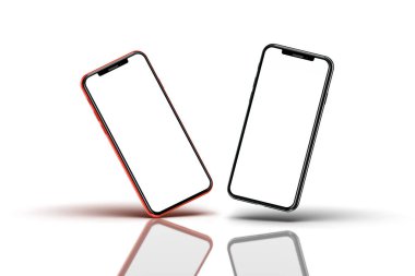 Beyaz arka planda izole edilmiş, boş ekranlı akıllı telefonlar. Şablon, model.
