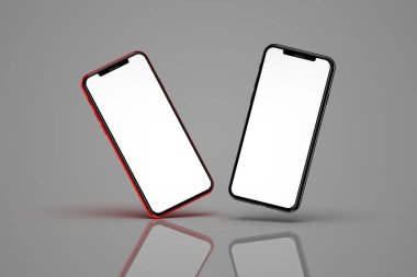 Beyaz arka planda izole edilmiş, boş ekranlı akıllı telefonlar. Şablon, model.