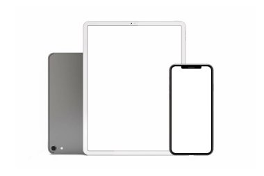 Boş ekranlı, beyaz arkaplanda izole edilmiş tablet bilgisayar seti. Şablon, model, izole edilmiş.