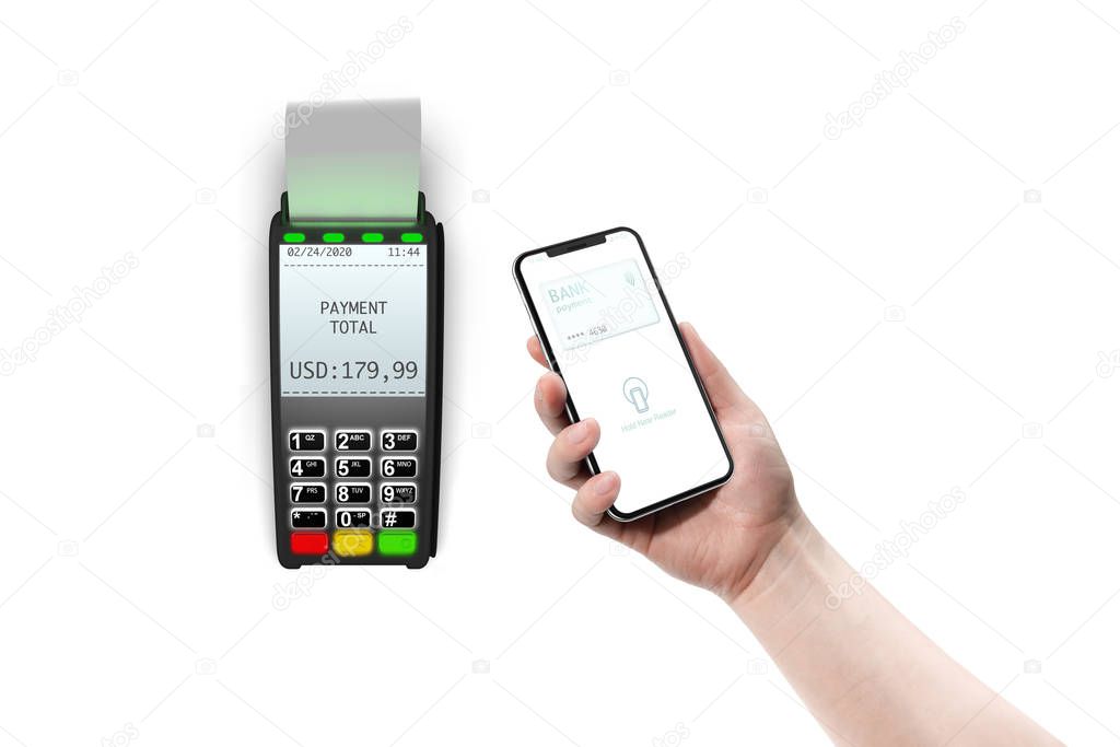 Payment terminal, smartphone in a hand, isolated on white background. Template, mockup.