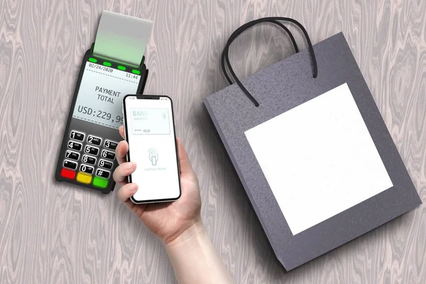 Zahlungsterminal Smartphone Der Hand Isoliert Auf Weißem Hintergrund Vorlage Attrappe — Stockfoto