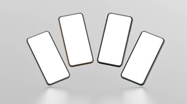 Altın, gümüş, yeşil ve siyah akıllı telefonlar, boş ekran, karanlık arka planda izole edilmiş. Şablon, model.
