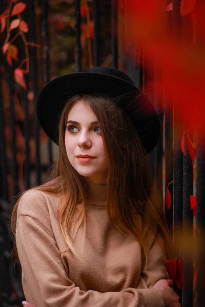 Herbstmädchen steht neben einem Zaun mit rotem Efeu. Pullover, Hut und l — Stockfoto