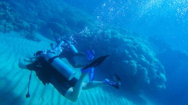 Kızıl denizde hava balonuyla dalış. Eğitmen. Kız ve Cor