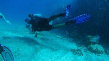 Kızıl denizde hava balonuyla dalış. Eğitmen. Kız ve Cor