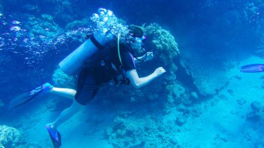 Kızıl denizde hava balonuyla dalış. Eğitmen. Kız ve Cor