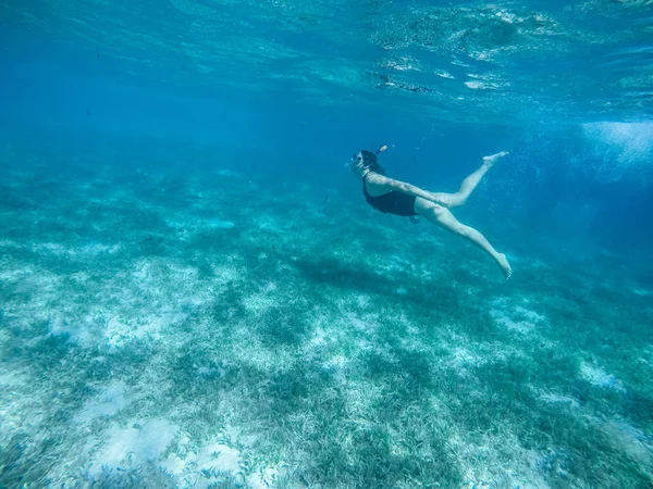 Mergulho no mar vermelho. Menina sexy em biquíni e máscara. Mergulho com tubo . — Fotografia de Stock