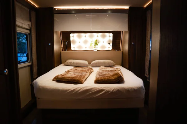 Interior of luxury caravan. Detail photo of coach with equipment