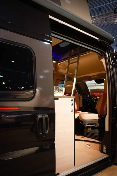 Interior of luxury caravan. Detail photo of coach with equipment