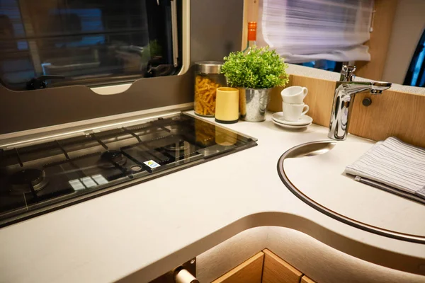 Interior of luxury caravan. Detail photo of coach with equipment — 스톡 사진