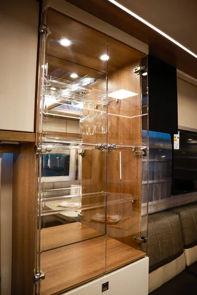 Interior of luxury caravan. Detail photo of coach with equipment — 스톡 사진