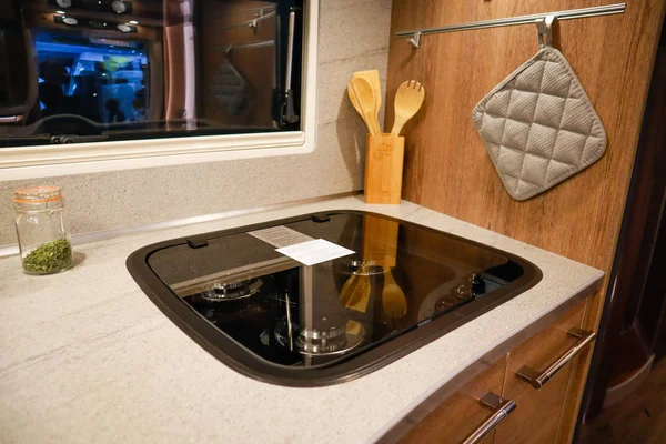 Interior of luxury caravan. Detail photo of coach with equipment — 스톡 사진