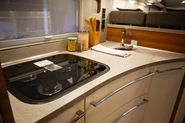 Interior of luxury caravan. Detail photo of coach with equipment — 스톡 사진