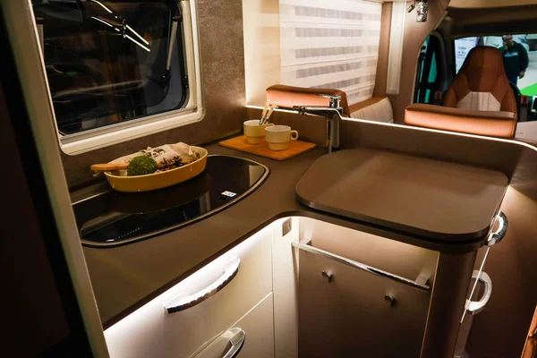 Interior of luxury caravan. Detail photo of coach with equipment