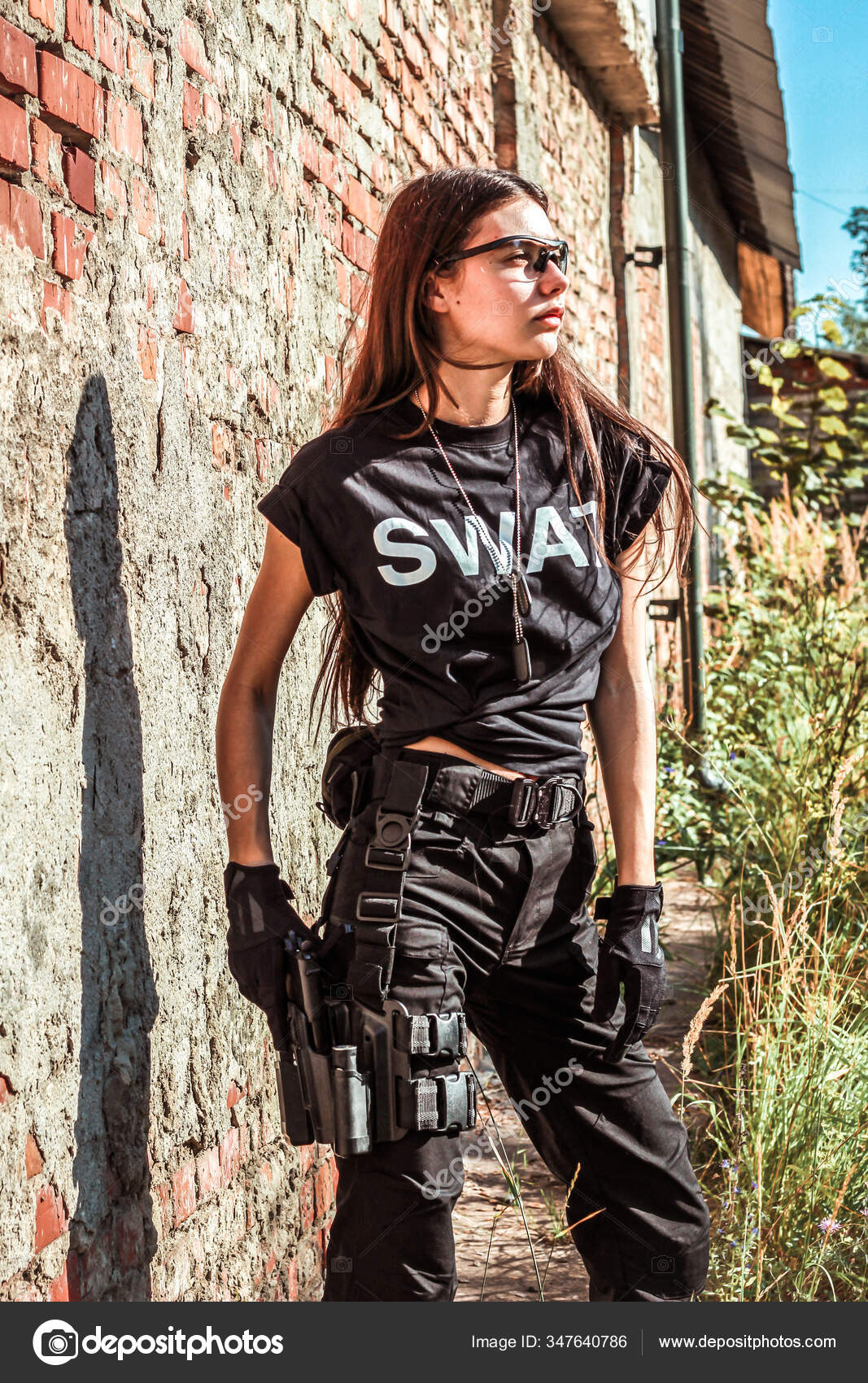 Girl Tactical Clothes Gun Military Woman Black Shirt Pants Holster