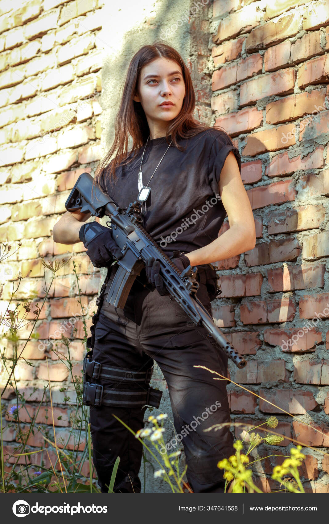 Girl Tactical Clothes Gun Military Woman Black Shirt Pants Holster