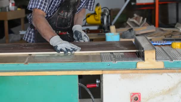 Carpenter flakeboard cutting. — Stock Video