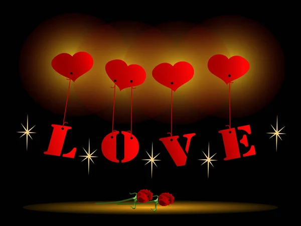 Cartas Amor Cuelgan Corazón Rojo Dos Rosas Colocadas Fondo Negro — Archivo Imágenes Vectoriales
