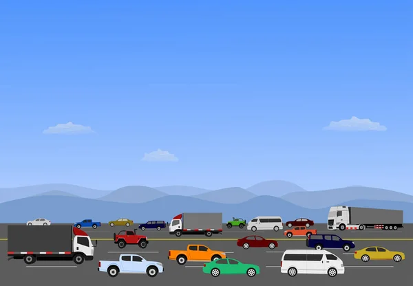 Many Cars Driving Highways Mountains Blue Sky Background — Stock Vector