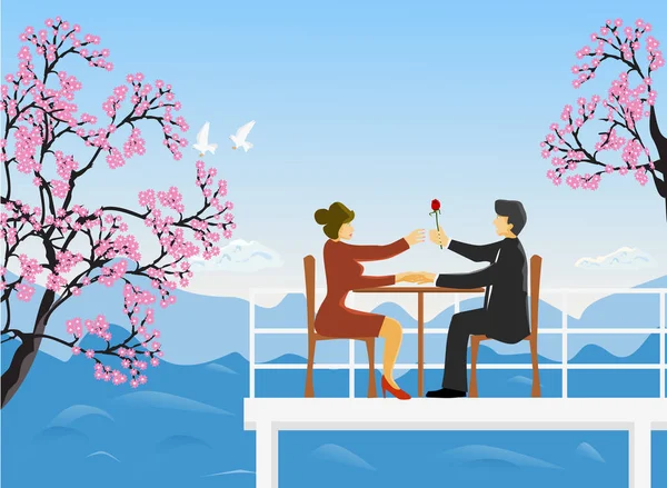 这对夫妇坐在屋顶上的一张木椅上 一个男人把红玫瑰送给女人 高山和天空作为背景 — 图库矢量图片