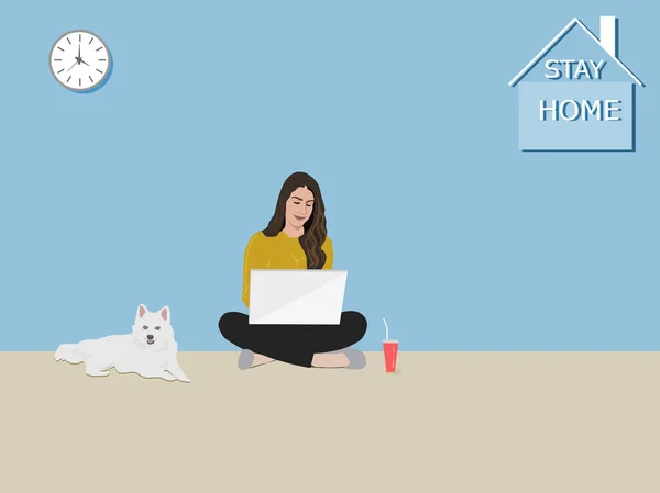 Eine Frau Sitzt Mit Einem Notizbuch Haus Der Weiße Hund — Stockvektor
