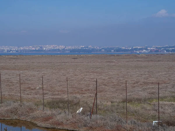 Çitin yakınındaki Selanik şehrinin panoramik manzarası.