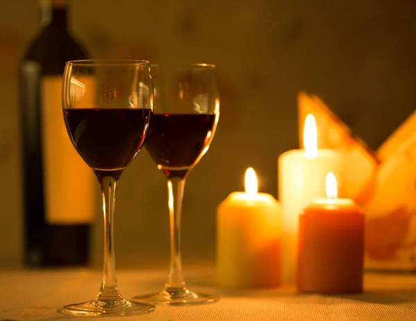Romantic dinner with candles and wine — Stock Photo, Image
